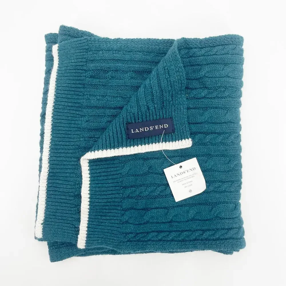 LANDS END Scarf NWT Teal NWT Wool Blend Winter Cable Knit Stripe Preppy Prep